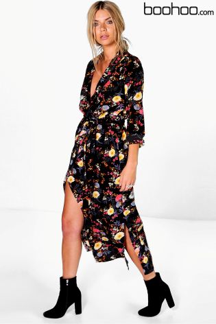 Boohoo Floral Printed Maxi Shirt Dress